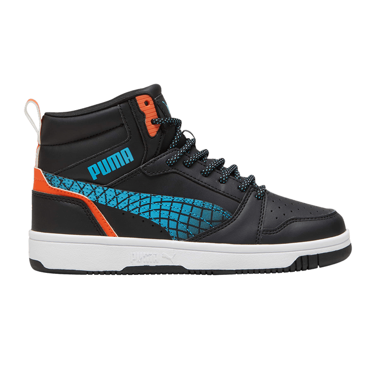 Puma Rebound V6 Mid Big Kid 'Techie Bud' — Black/Flame Flicker/White